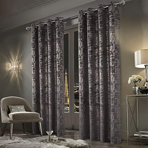 always4u Vorhänge mit Muster Gold Blickdicht 100%, Samt Vorhang Wohnzimmer, Vorhang Verdunkelung mit ösen, Stoff Glänzend Eleganter, Dunkelgrau 2er Set 213x132cm