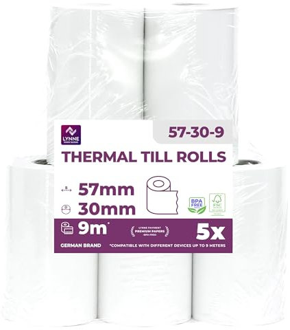 Ec-Cash Thermorollen 57mm x 9m x 12mm - Kassenrollen - Thermopapier - Bonrollen für Bankomat - Kredit-Kartenlesegeräte (57x30x12) (5 Rollen)