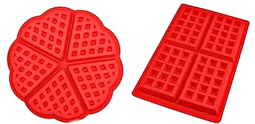 Voarge 2 Piezas Molde Gofres Silicona, Moldes Waffle, Galletas para Tarta Muffin Cocina Herramientas, para Lavavajillas, Horno, Microondas, Refrigerador, Color Rojo