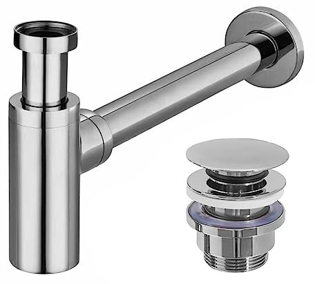 REA Sifón Tubular Universal de Acero Inoxidable para Fregadero y Fregadero, Altura Regulable, Sifón de Desagüe + Tapón Click-Clack, Válvula Pop-Up, Plata/Cromo