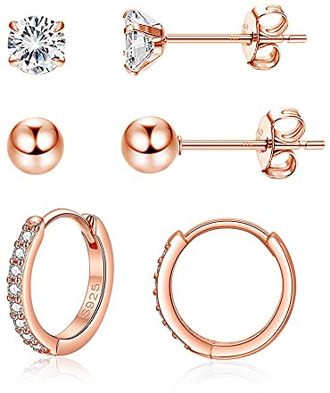 Josfeva Creolen Silber 925 Damen Ohrstecker, 925 Sterling Silber Ohrringe Set, 3 Paar Rose Gold Schlafen Ohrringe Set, 5mm Ohrstecker & 14mm Creolen