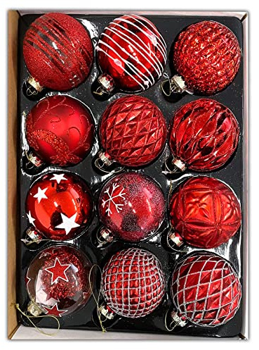 HAC24 12 Set Glas Weihnachtskugeln Handbemalt Christbaumkugeln Weihnachtsbaumkugeln Echtglas Weihnachtsbaumschmuck (Rot 2)