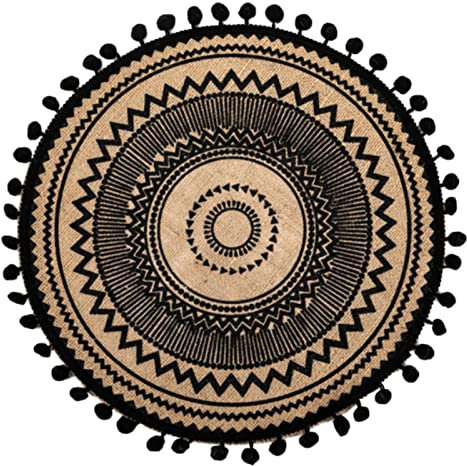 Boho Baumwolle Runde Tischsets 38 cm - 4 er Set Gewebte Jute Fransen Tischsets mit Pompom Quaste Platzset für Esszimmer Küche Tischdekoration (#1)