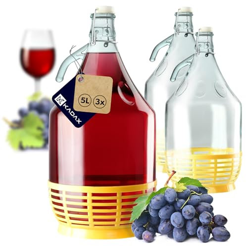 KADAX Weinballon 5L, Glasballon für Wein 3 stück, Weinfass aus glas, Gärballon, Fass für Wein aus Glas, Bügelflasche mit Korb, Gärbehälter für Wein, Glasgärballon