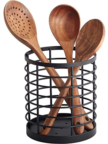 WDT Tool Utensil holder for Kitchen Counter - 5.2 x 5.2 x 6 Large Round Utensils Holder with Wooden Base Matte Black Cooking Utensil Holder，Kitchen countertop Utensil Organizer (Metal)