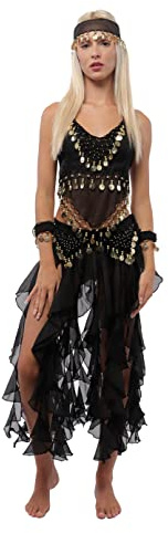 5 pezzi Costume da danza del ventre professionale da donna, set di accessori top e gonna lunghe in chiffon per costumi indiani e feste a tema, taglia unica, Nero , Taglia unica