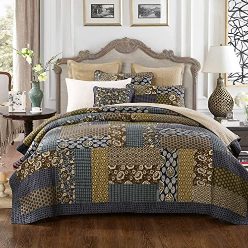 KISKIS Vintage Patchwork Trapuntato Copriletto Stampato Leggero Coperte Insieme Copritutto A 2 Federe per Tutte Le Stagioni,5,King 260x270cm
