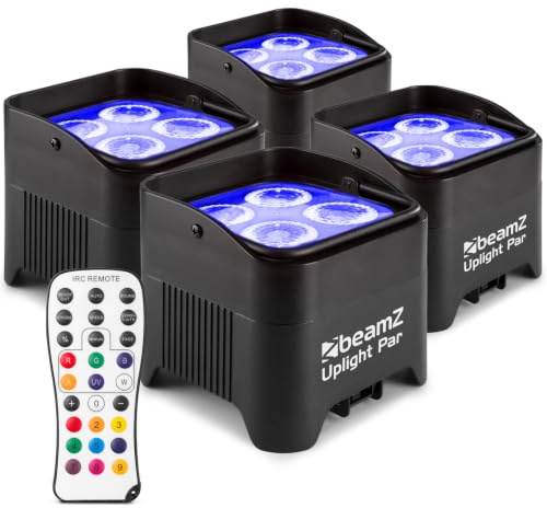 BeamZ BBP94 Uplight LED Par Strahler, 4er Set, 4 x 10 Watt, Akku Bühnenbeleuchtung 4er Set für DJ Pult, Bühnenlicht, DMX-LAN, Partylicht Musikgesteuert, Bühnenequipment, Fernbedienung