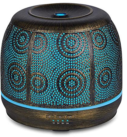 Humidificador Ultrasónico Difusor de aceite esencial de aromaterapia metálica, humidificador, ultrasónico, neblina fresca, ajuste de tiempo, cambio de luz de color, sin agua apagado 500 ml Humidificad