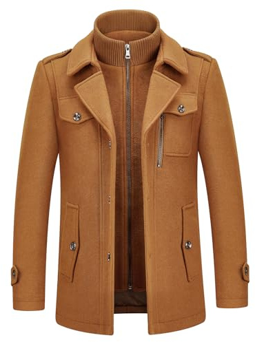 KUDORO Herrullrockar kort vinter vadderad trenchcoat för vardagliga affärer ytterkläder tjock ullblandning peg med avtagbar inre krage, Brunt -1, XL