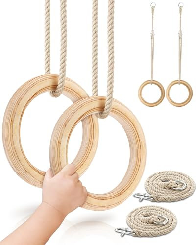 Woudi® Turnringe aus schichtverleimtem Vollholz, Schaukelringe mit längenverstellbaren Seilen, für Kinder und Erwachsene I Indoor & Outdoor bedingt I Gymnastikringe I Spielzeug (17cm außenø)