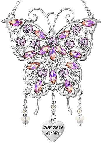 Johiux Mama Geschenk Schmetterling Sonnenfänger Windspiel für Beste Mama Muttertagsgeschenke,Glitzernde Strasssteine Schmetterling Sohn Tochter Geschenk für Mama zum Geburtstag Muttertag Weihnachten.