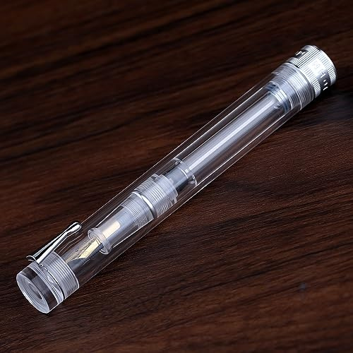 Majohn V1 - Penna stilografica con riempimento a vuoto, pennino fine, clip argentata, corpo in acrilico trasparente, penna dimostrativa per scrittura dimostrativa, con set di scatole