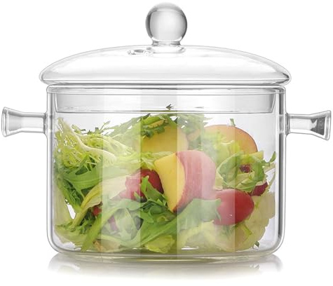 Marmite en verre borosilicate résistante à la chaleur de 1400 ml | Casserole transparente avec couvercle et double poignée résistante aux hautes températures pour légumes, soupe, pâtes