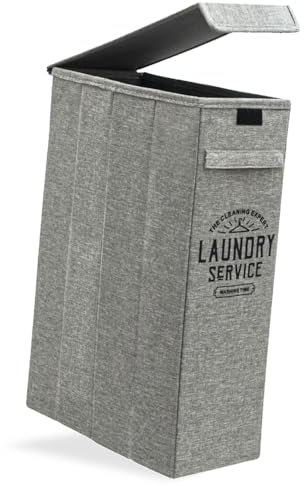 DuneDesign 20 cm Schmaler Wäschekorb mit Deckel - 50L Stabiler Holzrahmen - 20x40x60 Wäschesammler Schmal - Wäschetonne mit Deckel Grau - Wäschebox für Schmutzwäsche - Wäsche Nischenregal 20 cm Breit