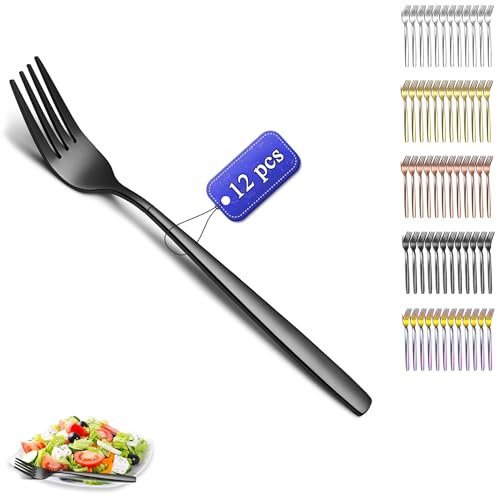 Kyraton Schwarz Tafelgabeln 12 Stück,18.3cm Edelstahl Menuegabel, Gabeln und Löffel Besteck, ideal für Zuhause, Restauroom, Hotel, Hochzeit, Party, spülmaschinenfest