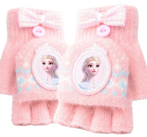 FEIFEI'S BOW Guanti senza dita con patta Elsa Spider, guanti invernali in maglia calda e morbida foderata, in pile termico, guanti a mezze dita con copertura convertibile, per bambini e ragazze,