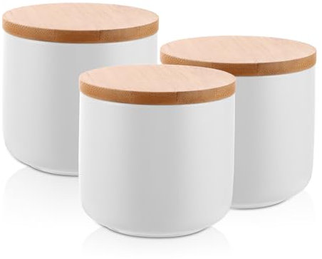 ZOFUN 3 PCS Vorratsdose aus Keramik, Keramikdose mit deckel, 260ML Keksdose Keramik, Aufbewahrungsbox mit Bambus-Deckel und Silikonring Frischhaltedose für Kaffee, Zucker, Tee, Müsli, Mehl, Gewürze
