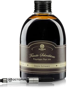 Octopus Fluids Klassik Füllhaltertinte Sepia Schwarz - Set mit 250 ml Nachfüllflasche & Tinten-Konverter, hochwertige Schreibtinte für Füllhalter und Schreibfedern
