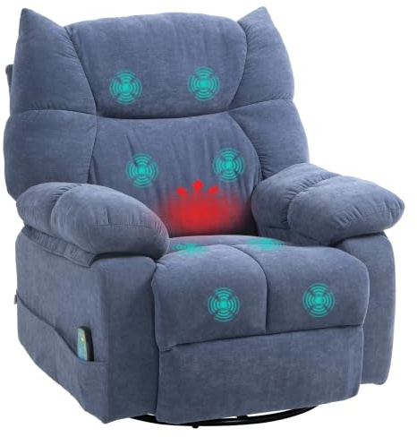 HOMCOM Relaxsessel mit Massagefunktion und 8 Vibrationspunkten, Blau | Fernsehsessel, Heizfunktion, Wippfunktion, Drehbarer Liegesessel, Fernbedienung, Seitentasche, Kunstleder
