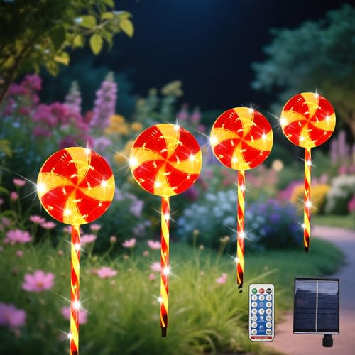 YOOWARM Solar Weihnachten Lutscher Lichterketten, 4 Stück LED Candy Lollipop Gartenstecker Lichterketten,Weihnachtsweg Marker, 8 Modi Solar Weihnachts Lichter Aussen für Garten Weihnachtsdeko Rasen | 8 Beleuchtungsmodi, 1200 mAh Solarpanel und USB-Aufladung, IP65 wasserdicht