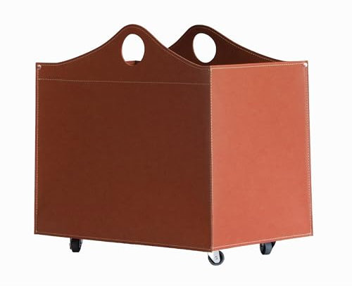 LIMAC Design WOODBAG MINI Holzkorb aus Leder, moderne Brennholztasche, Originale Kaminholztasche, Kaminholzkorb, mit gummierten Rädern, Hergestellt in Italien. (Braun)