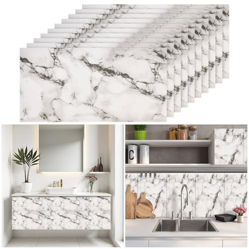 Warmiehomy Marmorfliesenaufkleber, 60 x 30 cm, dick, selbstklebend, wasserdicht, abziehen und aufkleben, Vinyl-Marmorfliesen für Wohnzimmer, Schlafzimmer, Badezimmer, Küche, Spritzschutz, weiße