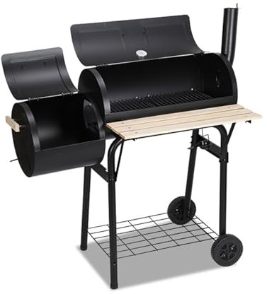 Jaxguom Barbecue au charbon de bois multifonction avec thermomètre, fumoir et fonction barbecue, barbecue avec couvercle, roues, chariot de barbecue avec régulation de l'air