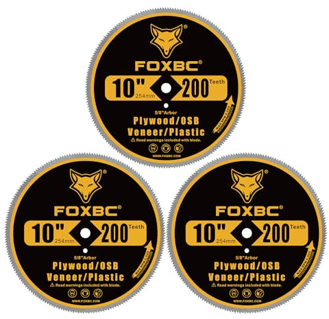 FOXBC Sägeblatt für Bauunternehmer, 25,4 cm, 200 Zähne, für Kunststoff, Vinylverkleidungen, Sperrholz, OSB, Furnier mit 5/8 Zoll Dorn – 3 Stück