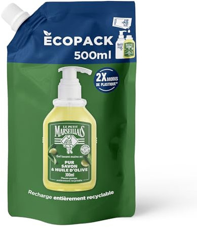 Le Petit Marseillais Recharge Gel Lavant Mains Pur Savon & Huile d'Olive (écopack de 500 ml) – Recharge savon liquide pour flacon-pompe – Savon mains enrichi en huile d'olive