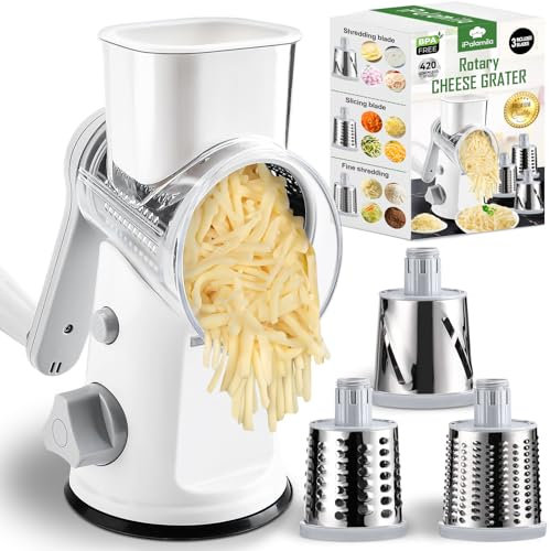 Rotary Cheese Grater with 3 Replaceable Stainless Steel Drum Blades and Strong Suction Base Kitchen Round Rotary Cheese Grater UK for Vegetables,Fruits,Nuts,The Perfect Kitchen Tool (White)