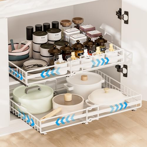 Carastek 2 Stück Teleskopschublade Ausziehbare Schublade Küche Schubladen Küchenschrank Organizer Küche mit Klebestreifen Ausziehbar Schrank Organizer Kein Bohren Expandierbare Breite 31-50cm/32-52cm