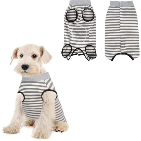 Dog Recovery Suit Striped Shirt, Soft Sleeveless Dog Bodysuit After Surgery Onesie, Prevent Licking, E-Collar Replacement, for Poodle Teddy Schnauzer Bichon (Grey, M)