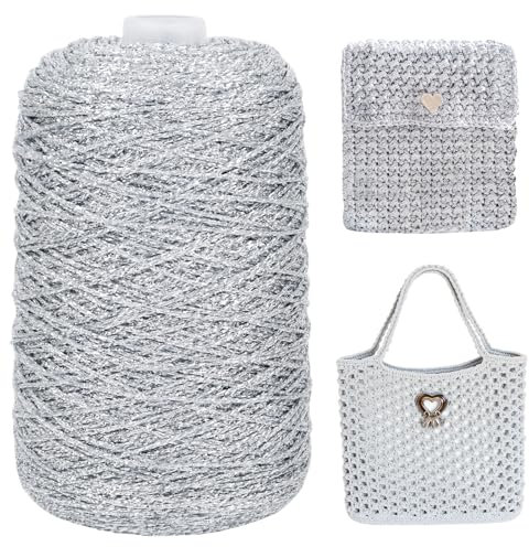 Uiopa Fil Macramé 2mm x 1000m Fil Crochet Métallique pour Sac, Ficelle Corde Brillant a Crocheter pour Paniers, Pendentifs, Décoration, Bricolage (Argent)