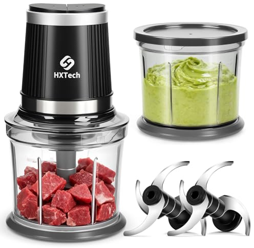 HXTech Food Processor 4 Cup: Mini Electric Food Chopper with 2 Bowls, Small Meat Grinder with 2 Speed & 4 Blades for Vegetable, Meat, Nuts, Functions for Chopping, Dicing, Mixing and Puree