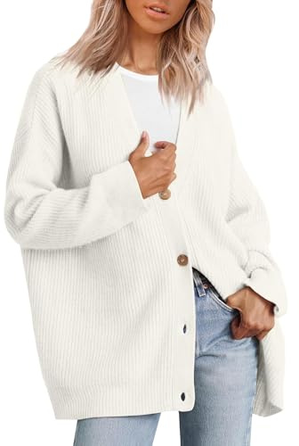 Cardigan Donna Lungo Elegante Invernale Giacca Donna Autunno Oversize Maglia Cotone Casual Taglie Forti Golfino Girocollo a Maniche Lunghe Maglieria Leggero con Bottoni(Bianco,L)