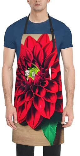 Unkhtt Delantales de madera con estampado de dalia roja, diseño retro de flores rojas, impermeables, para cocina, parrilla, pintura, ajustable, bolsillos para delantales de cocina para adultos