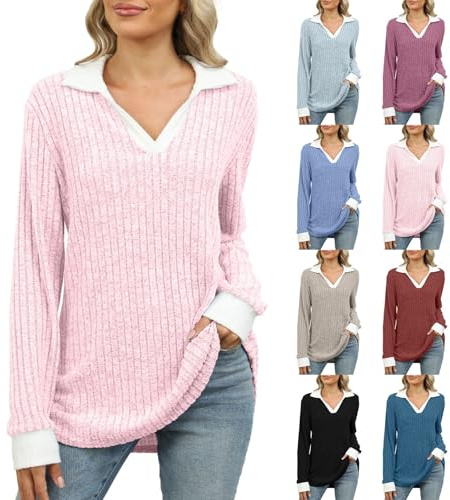 2025 Nueva Camiseta de Manga Larga Mujer Oversize, Camiseta Mujer Elegante y Chic, Camiseta con Cuello Vuelto Rayas Top de Medio Largo Ropa Casual Camiseta Color Combinado, malva, XL