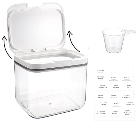 Zbozzba Waschpulver Aufbewahrungsbox,Waschmittelbox,Waschpulver box,4.5l | Inklusive Deckel, waschmittel dosierer und Etikett, Geeignet für Waschmittelkapseln, Waschmittel und Mehl, Transparentweiß