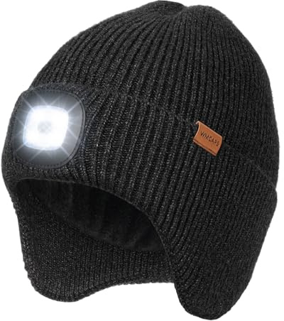 Wmcaps Mütze mit LED Licht und Ohrenklappen, gefüttert, Type-C, Geschenk | Warme Wintermütze mit LED Stirnlampe, wiederaufladbar, Innenfutter – ideal für Gassi, Angeln und Jagd, für Damen und Herren.