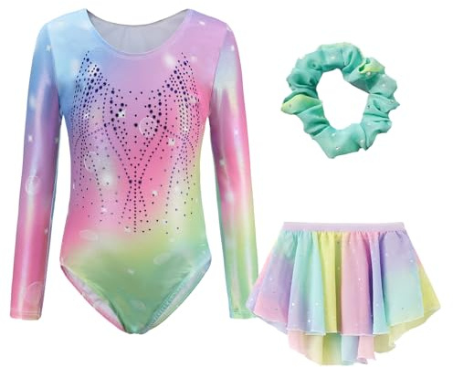 Happy Cherry Barn flickor gymnastik trikåer med kjol pannband set en del glittrande bodysuit tumlande dans outfit för 5-12 år, Färgglada bubblor, 7-8 Years