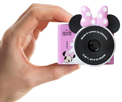 kiimento Disney Licensed Kids Mini Camera for Girls, Best Travel Buddy Minnie Mouse Digital & Video Camcorder for Ages 3+, Selfie Dual Lens, 32GB Memory Card & Handmade Strap, Birthday Gift (Model A)