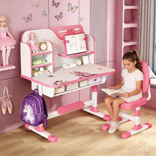 Aislerbee Kinderschreibtisch höhenverstellbar, Schreibtisch- und Stuhl-Set für Kinder mit Sitzkorrektur, ergonomischer Schreibtischstuhl mit Buchständer, Fußpedal und Trennwand-Design (Rosa C)