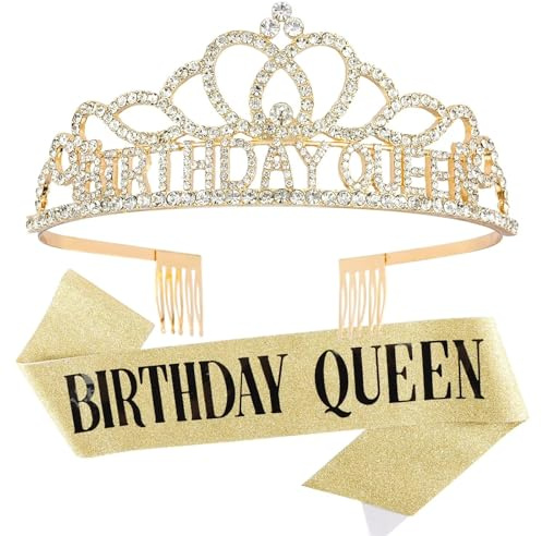Geburtstagskrone und Schärpe für Damen - Queen Krone Königin Set, Kristall Tiara Krone Schärp mit einem goldenen Queen-Schultergurt geliefert, Ideal für Geburtstag Mädchen & Party Deko