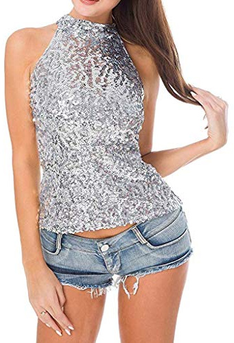 Generisch Glitzer Top Damen Pailletten Top Neckholder Pailletten Tanktop Shirt Hinten Offen Glitzer Tops Sexy Ärmellos Oberteil Festlich Bluse Shirt Slim Fit Sparkle Glitzershirt für Party