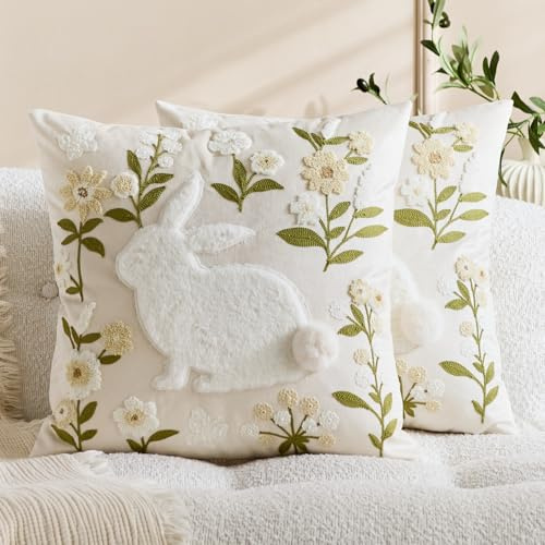 HALANS Pack of 2 Easter Throw Pillow Covers 18x18 Inch Embroidered Bunny Spring Decor Soft Living Room Easter Decorative Pillow Cases (Floral Bunny, 18 x 18 (Pack of 2))