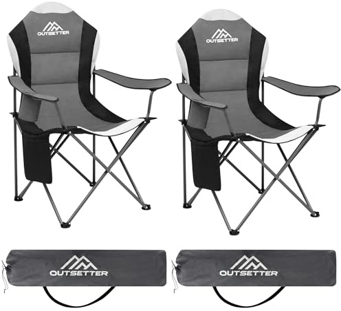 2 Pack Folding Camping Chair High Back, Large Padded Chair with Cup Holder and Side Pockets ,Seat with Breathable Mesh, Portable & Comfortable,Holds up to 120kg for Outdoors, Fishing(Dark Grey)