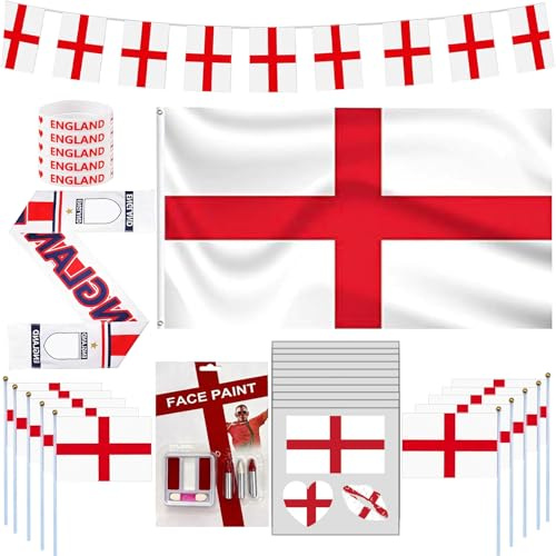 GxouQcn England Flag, England Football Flag, 29 Pcs England Flags Bunting, England Scarf, England World Cup, Hand Flags, Face Paint, Wristbands for English Events