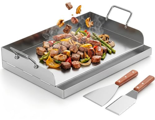 54x41cm Plancha pour Barbecue à Gaz, Lot de Plaque de Cuisson avec 2 Poignée, Massif de 4 mm Plancha pour BBQ et Charbon en Acier Inoxydable, Plaque de Cuisson avec Poignée, Plaque Universelle