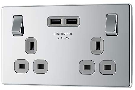 BG Electrical Screwless Flat Plate Double Switched Fast Charging, Power Socket with Two USB Charging Ports, 13 A, Polished Chrome with Grey Inserts
